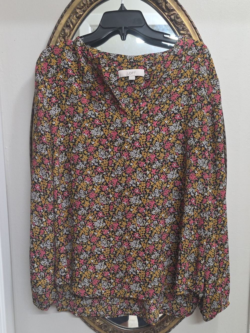 LOFT Floral V-Neck Long Sleeve Top in Multi-Color Loose Boho Peasant Size XL